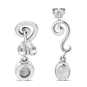 Swirling Ethnic Dangling Drop Stud Silver Earrings w/ Rainbow Moonstone - e166